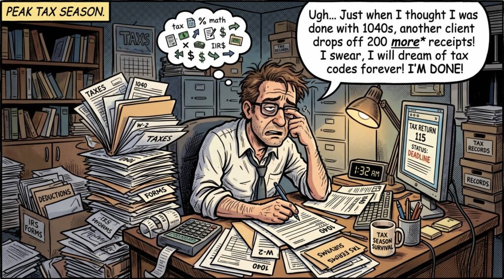 Comic illustration of an exhausted tax preparer overwhelmed by 1040 forms and receipts at 1:32 AM, highlighting the stress of peak tax season that The Taxman 59 resolves for Kendall clients.