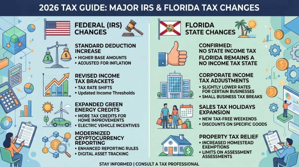 Infographic outlining 2026 tax changes, featuring new IRS standard deduction limits and Florida's transition to the mandatory digital eServices system.