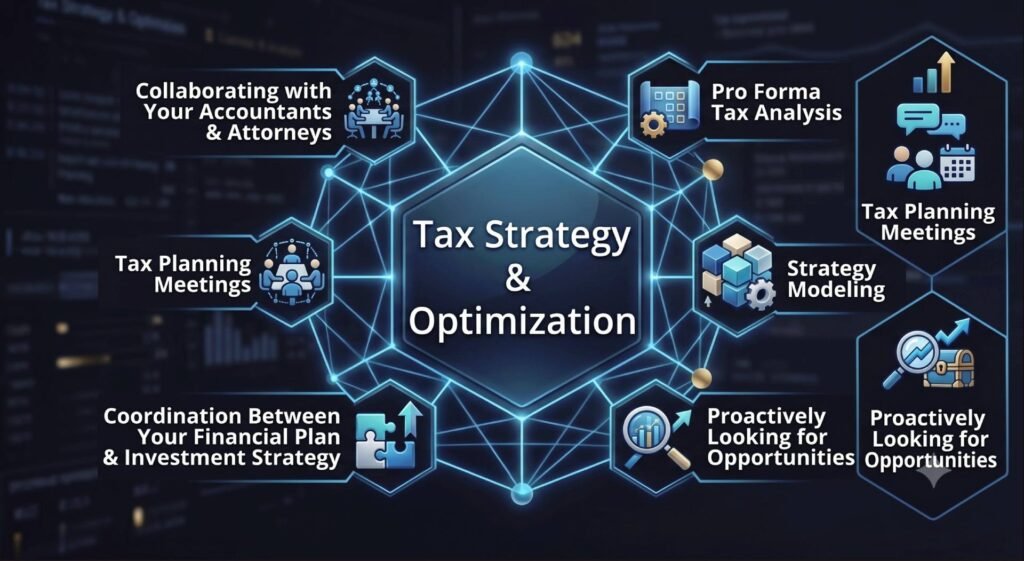 Modern infographic with a tech-inspired design detailing The Taxman 59's Tax Strategy and Optimization ecosystem.